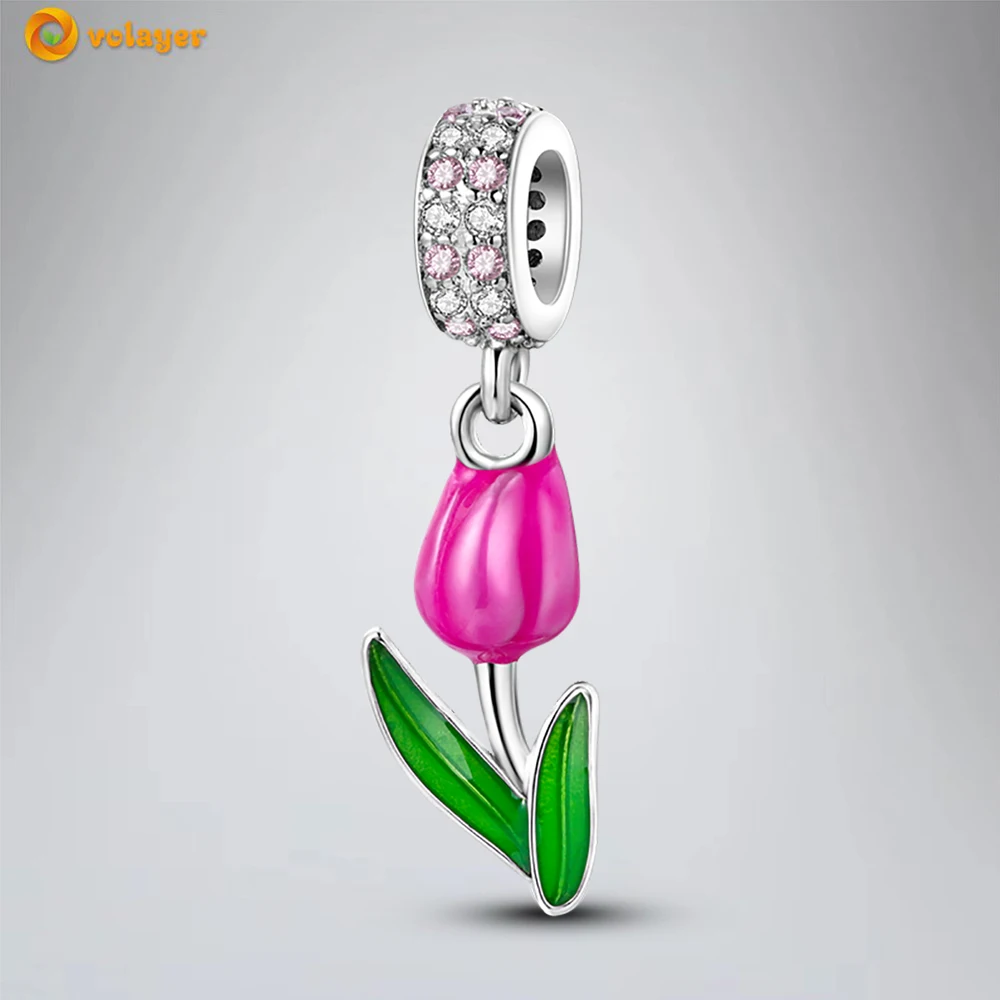 

Volayer 925 Sterling Silver Beads Pink Tulip Dangle Charm fit Original Pandora Bracelets for Women DIY Jewelry Making