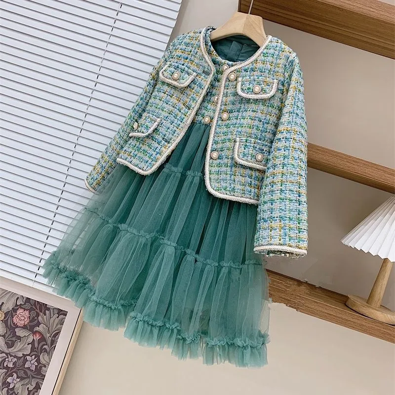 

Sweet Outfits Kids Girls Princess 2pcs Clothes Sets Spring Autumn Children Fashion Green Plaid Coat+Dress Vintage Outfits Suit