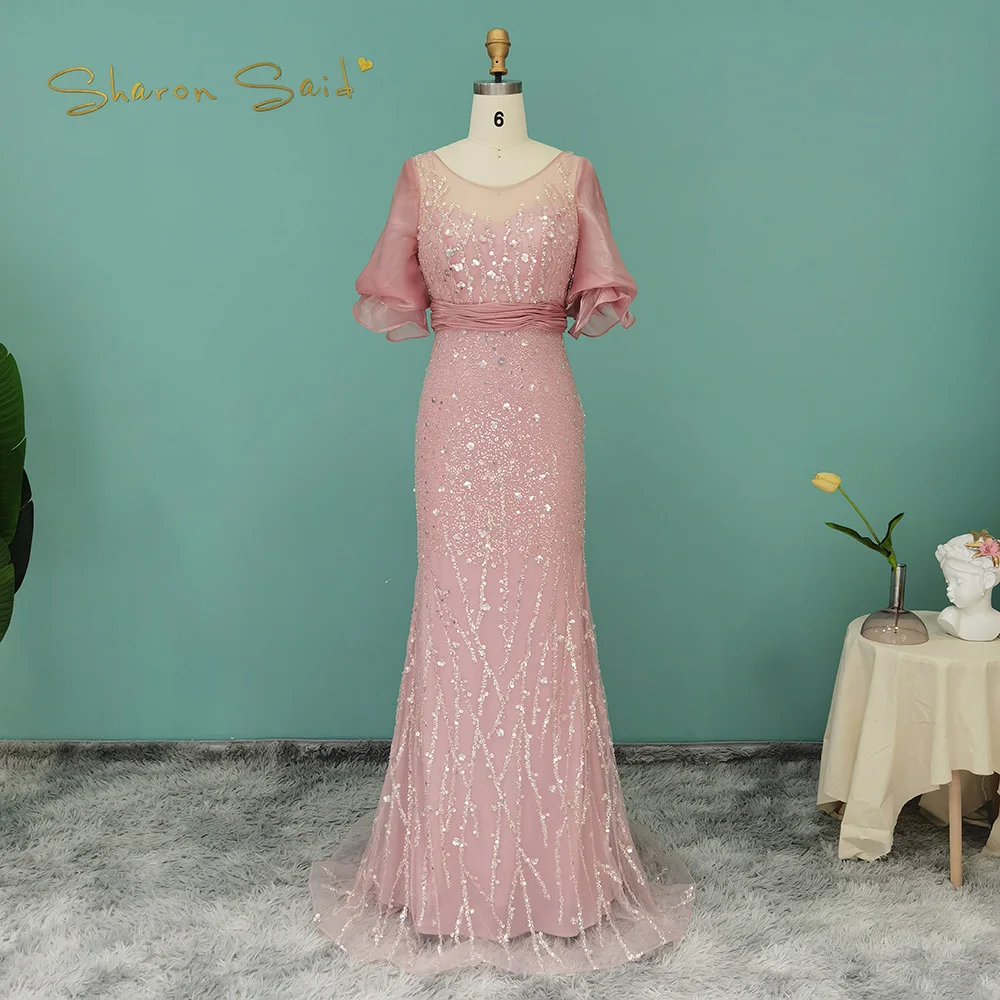 

Женское вечернее платье с юбкой годе Sharon Said, роскошное розовое платье с бусинами, свадебное платье с полурукавами, мусульманское арабвечерн...