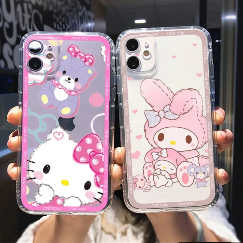 Sevimli tavşan Hello Kitty Sanrio telefon kılıfı için şeffaf Iphone 11 13 12 Pro Max Xr X Mini 6 6s 7 8 artı Coque kapak