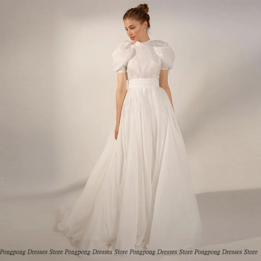 

High Quality Mermaid Wedding Dresses Sashes Draped Ribbon Jewel Paillette Puff Sleeve 2022 Summer Floor Length Gowns Robe De Ma