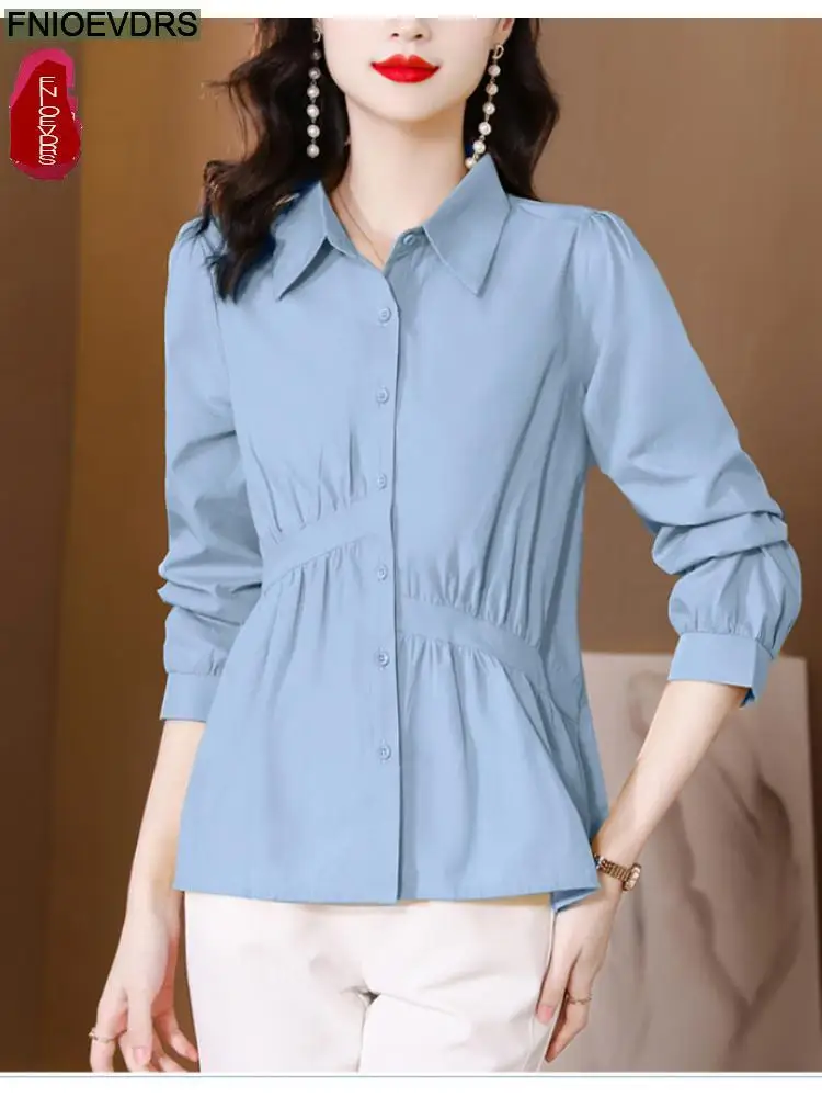 

L-5XL Women Loose Casual Clothes Tunic Basic Wear Elegant Office Lady Solid Blue Yellow Work Solid Peplum Tops Blouses
