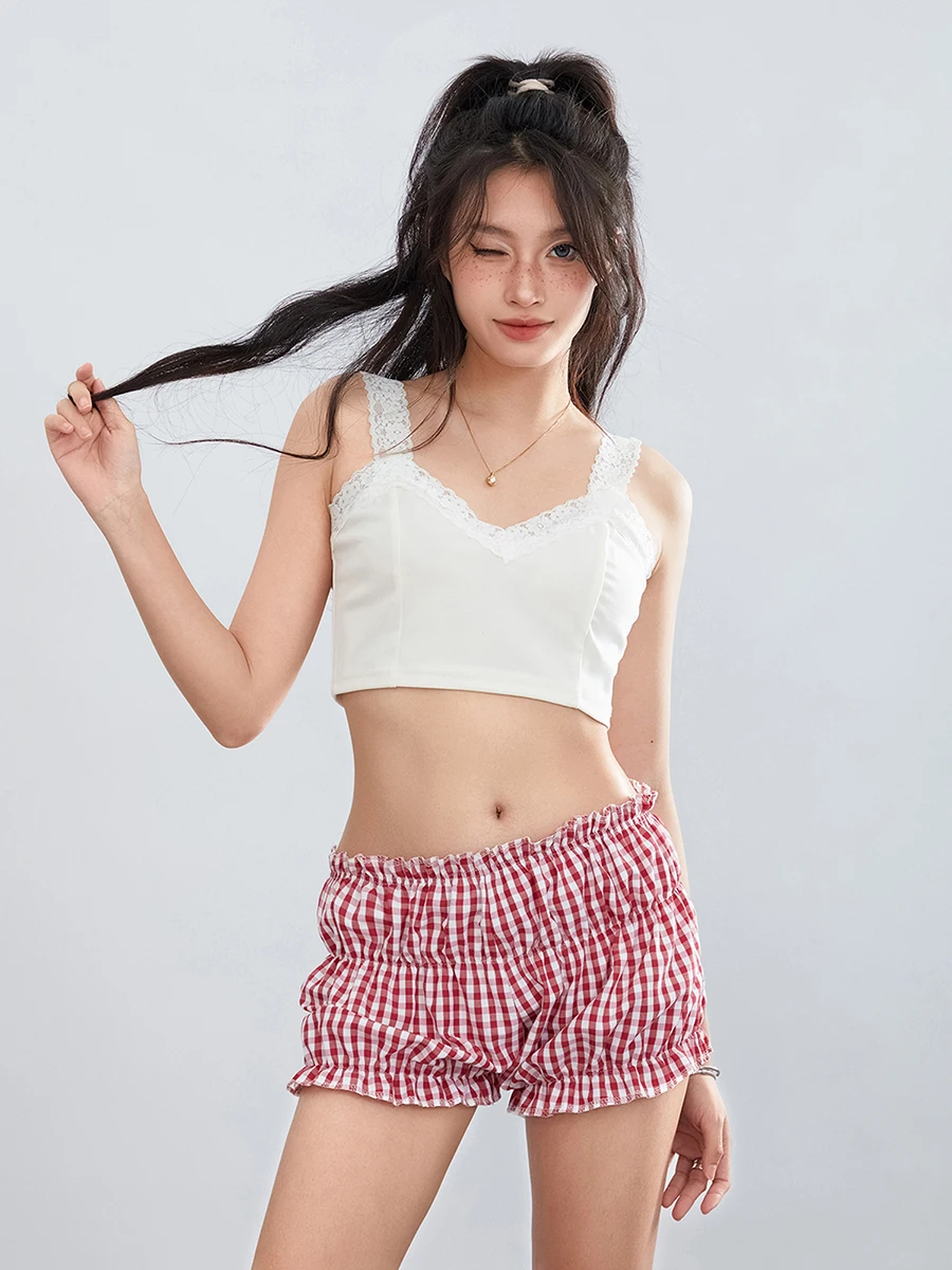 Женские клетчатые шорты Y2k с оборками эластичная талия цветные низкой посадкой