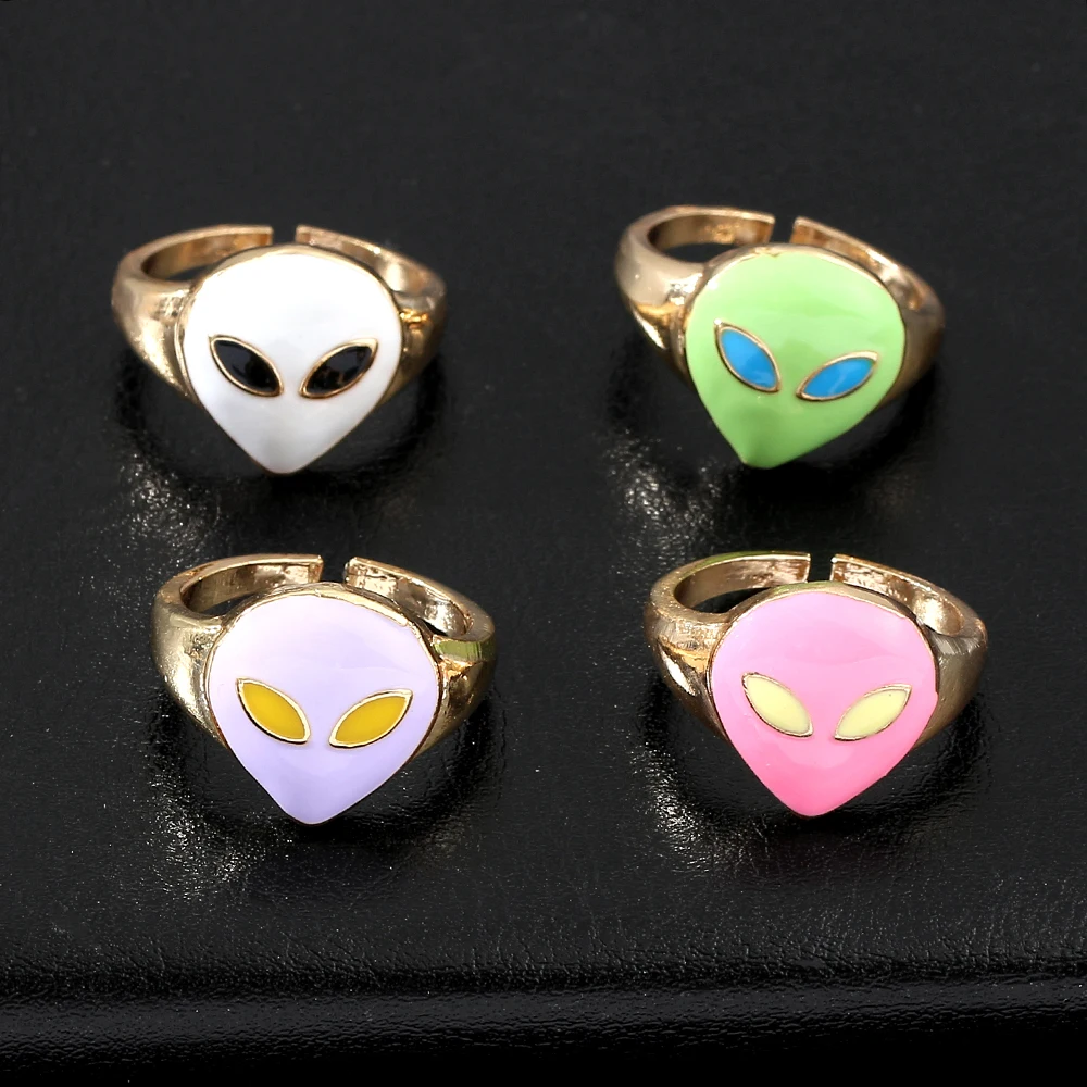 

Punk Rock Pink White Alien Face Enamel Opening Adjustable Rings For Women Trendy New Design Hip Hop Style Jewelry Gift