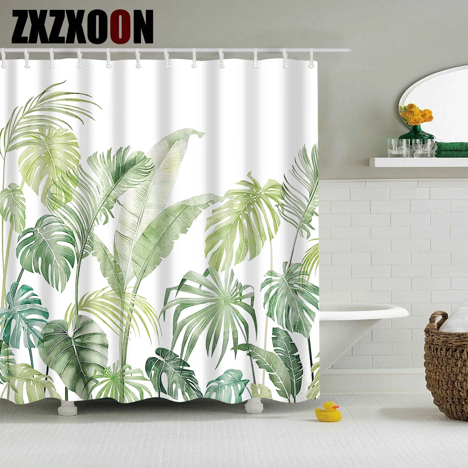 Tropical Green Plant Palm Leaves Animals Birds Trees Flowers Shower Curtain Waterproof Polyester Bathroom Curtain with 12 Hooks