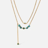 turquoise double layer chain necklace stainless steel gold collar necklace cubic zirconia pendant for women wedding party gift