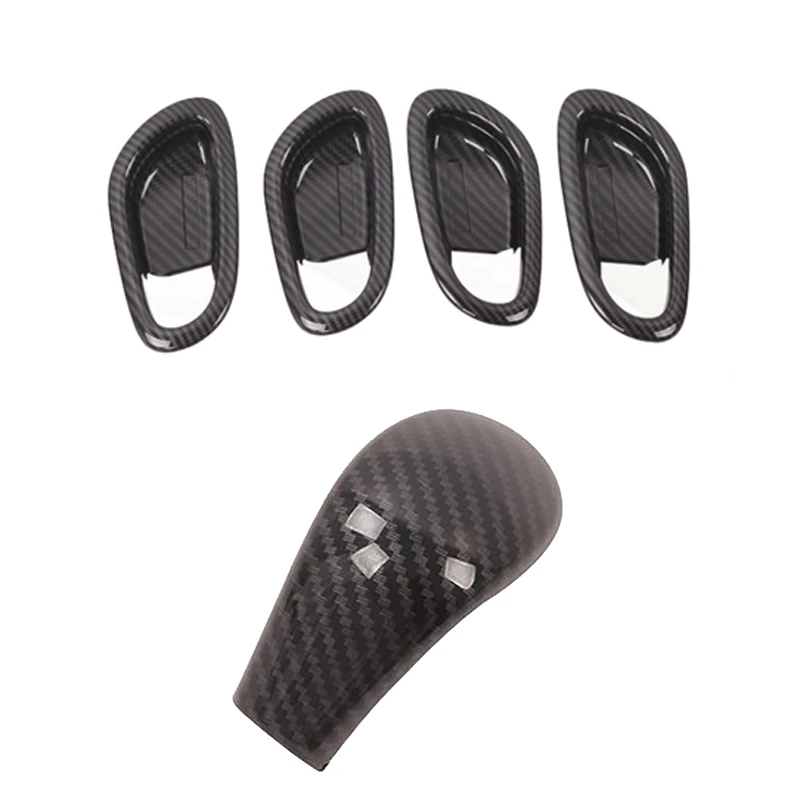 

For Nissan Navara NP300 2016-2019 Car Inner Door Handle Bowl Protector Frame & Carbon Fibre Gear Shift Knob Head Cover