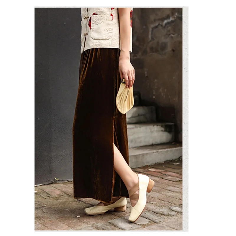 Женская юбка из шелка и бархата мягкая гладкая черного цвета весна-лето