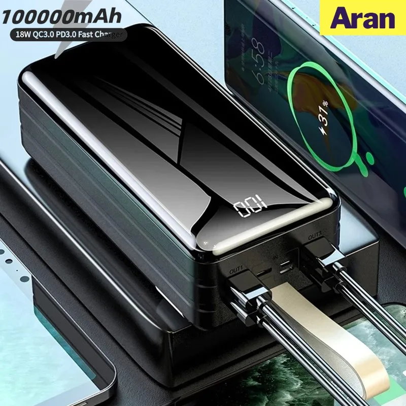 

2023 100000mAh Power Bank Portable Charger 4 USB Powerbank for Xiaomi I-phone 12 13 SAM S22 External Battery Poverbank with