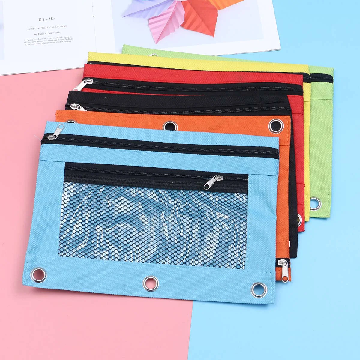 

6pcs Large Capacity Black Pouch with 3 Ring Canvas Portable Double Zipper Stationery Bag