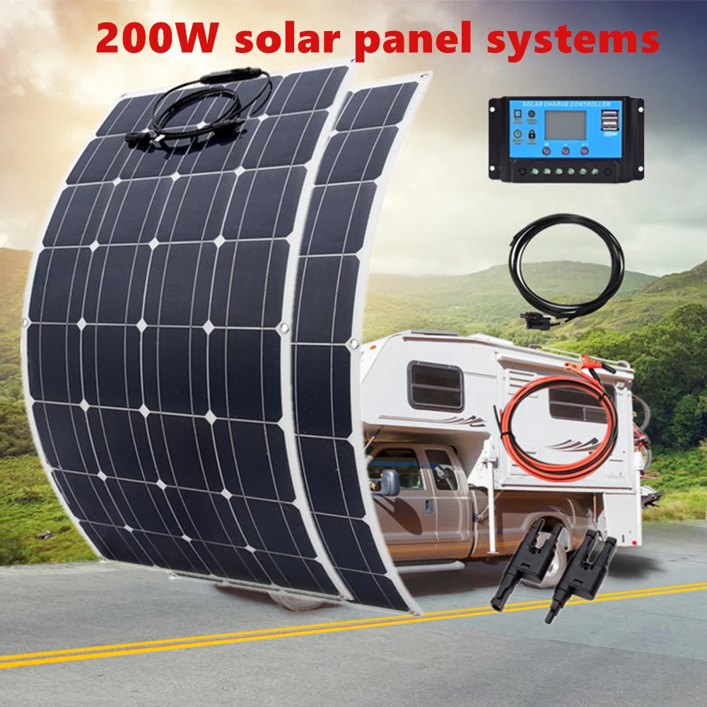 

200W 100W Mono Flexible Solar Panel 20A/10A Solar Controller Module for Car RV Boat Home Roof Vans Camping 12V 24V Solar Battery