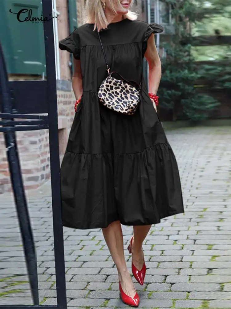 

Удобные уличные платья Celmia, элегантное простроченное Плиссированное короткое платье без рукавов с оборками, женское модное Платье До Колен...