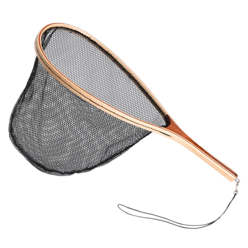 

Hot AD-Fly Fishing Landing Net Wooden Handle Nylon Landing Handle Trout Mesh Fish Catch Release Scoop Fishing Tool