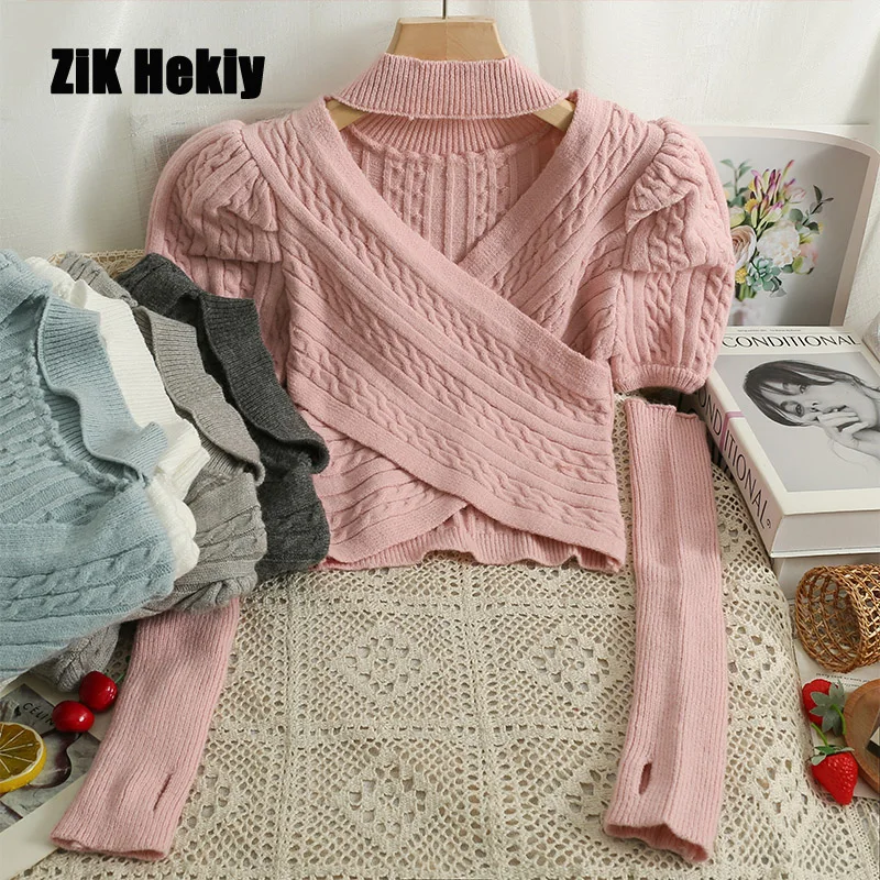 

Zik Hekiy Women Cross V-Neck Hollow Hanging Neck Knit Sweater Women New Bubble Sleeve Short Section Sweater