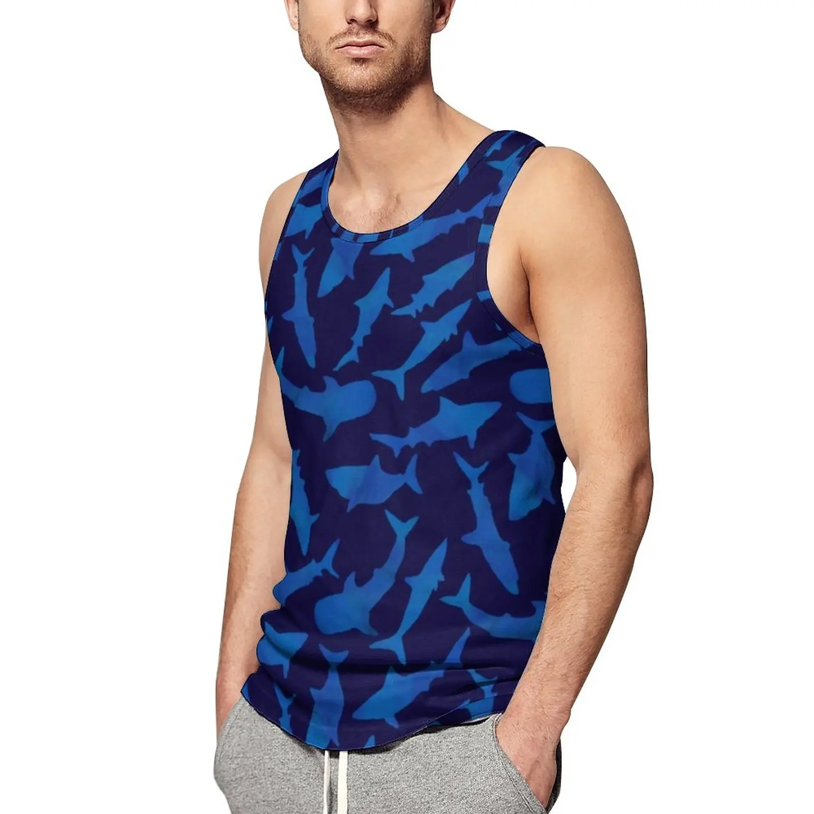 

Whale Shark Tank Top Cartoon Animal Print Vintage Tops Daily Bodybuilding Males Design Sleeveless Vests Large Size 4XL 5XL