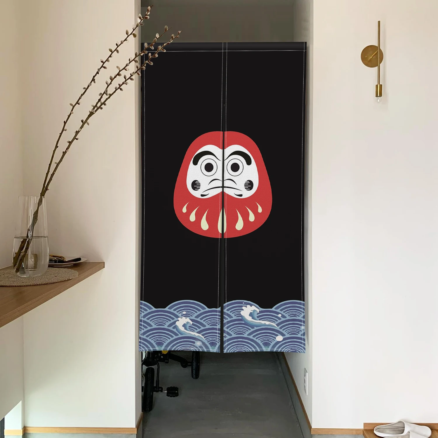 Фото Японские дверные занавески Noren с дизайном Lucky Daruma Doll и кошачьими волнами, льняные занавески для дверного проема, для домашнего декора, разделитель комнаты, полузанавески №2