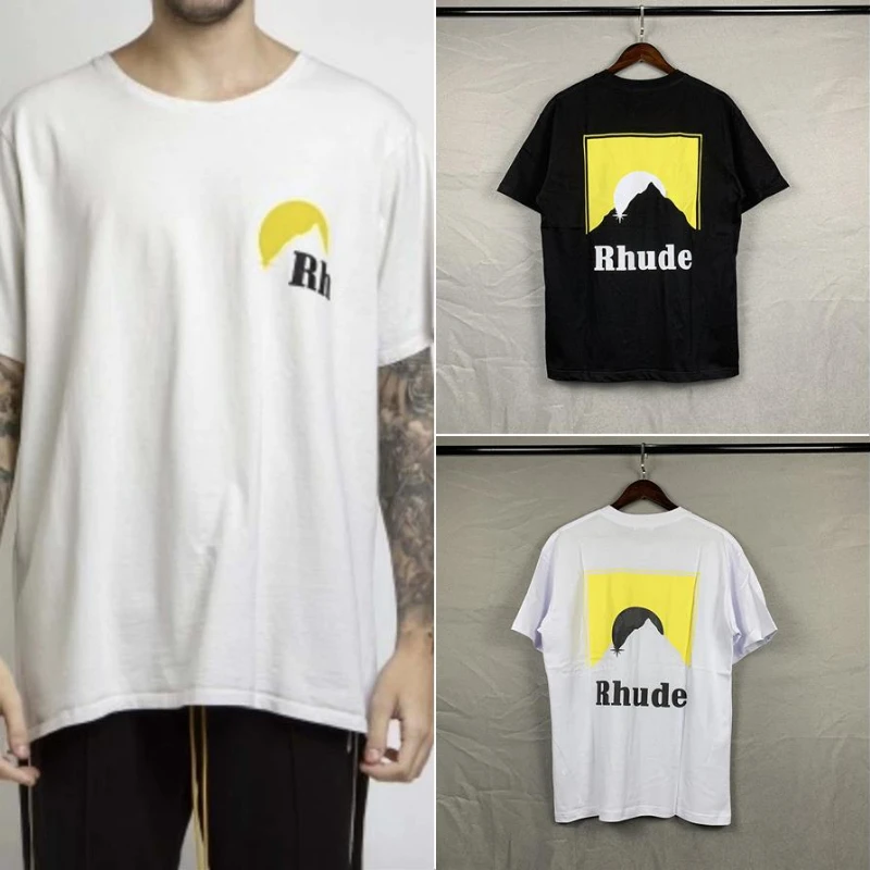 

Rhude Short Sleeve Tee Sunset Mountain Men Women Oversized Tshirts
