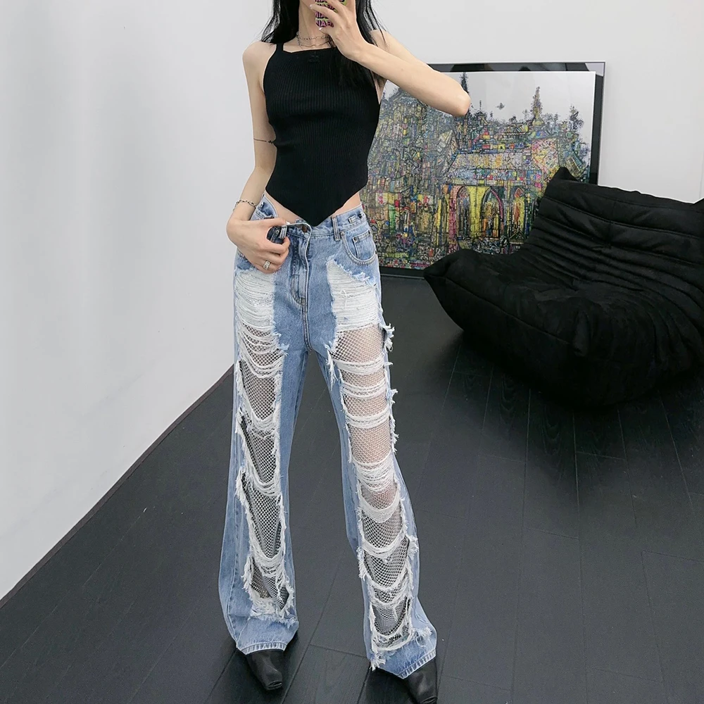 2023 Spring And Summer New Women's Pants Y2k Hand-rubbed Patchwork Grid Rhinestone High Waist Straight Fashion Cotton Jeans