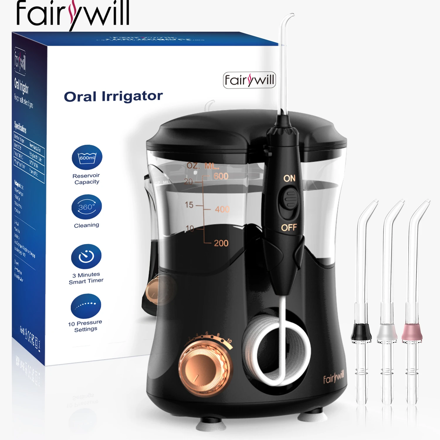

2022 Fairywill Water Flossers 600ML Oral Irrigator Rechargeable Large Capacity Portable Dental Water Tank Waterproof Teeth Clean