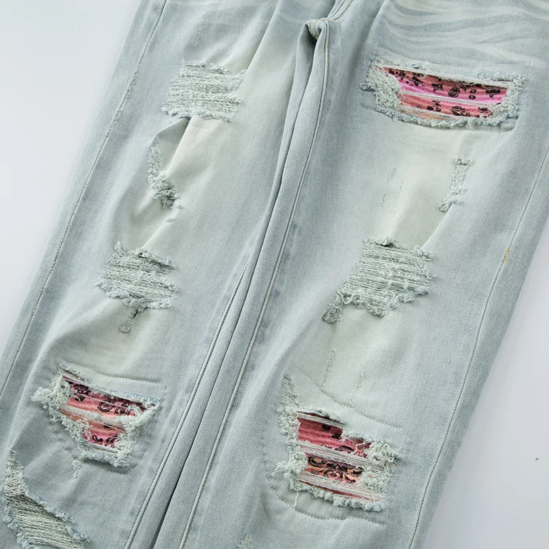 High Street Fashion Men Jeans Retro Washed Blue Elastic Stretch Skinny Fit Ripped Jeans Men Patched Designer Hip Hop Brand Pants