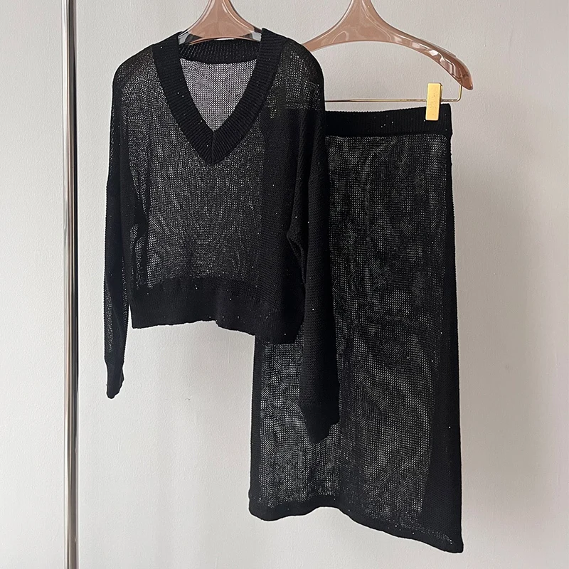 

2023AW Women 2 Piece Sequin Set V-neck Long Sleeve Sweater Elastic Waist Skirt Fashion Daily Basic Hollow Out Elegent Black Suit