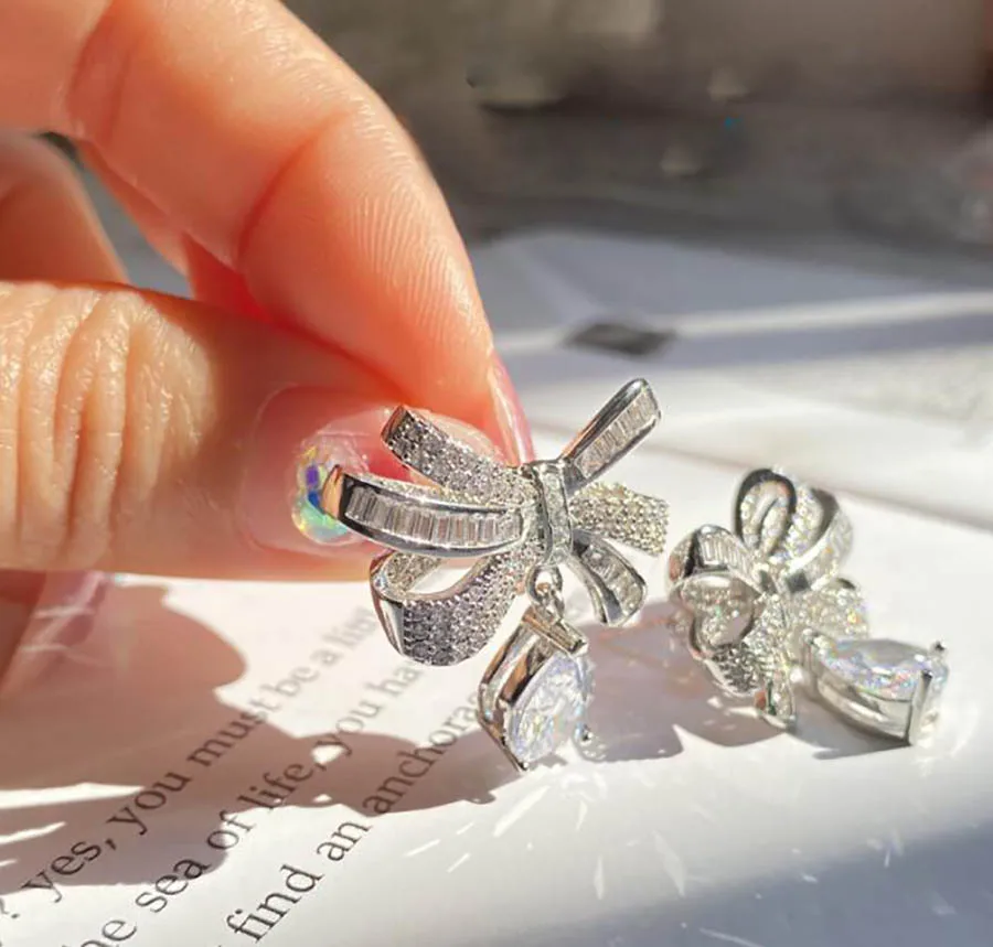 

Bright Bow romance Stud Earrings Women's Delicate Water Drops elegant bowknot tender bridal wedding fine jewelry