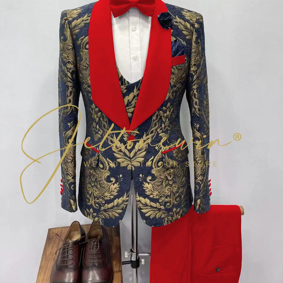 Новый дизайн синий цветочный мужской костюм JELTONEWIN облегающий смокинг из 3