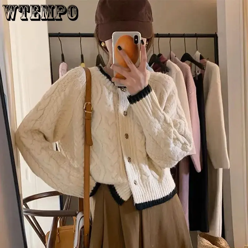 

WTEMPO Long Sleeved Cardigan Women's Soft Waxy Sweater Color Matching Design Loose Long Sleeved Knitted Top In Winter Wholesale