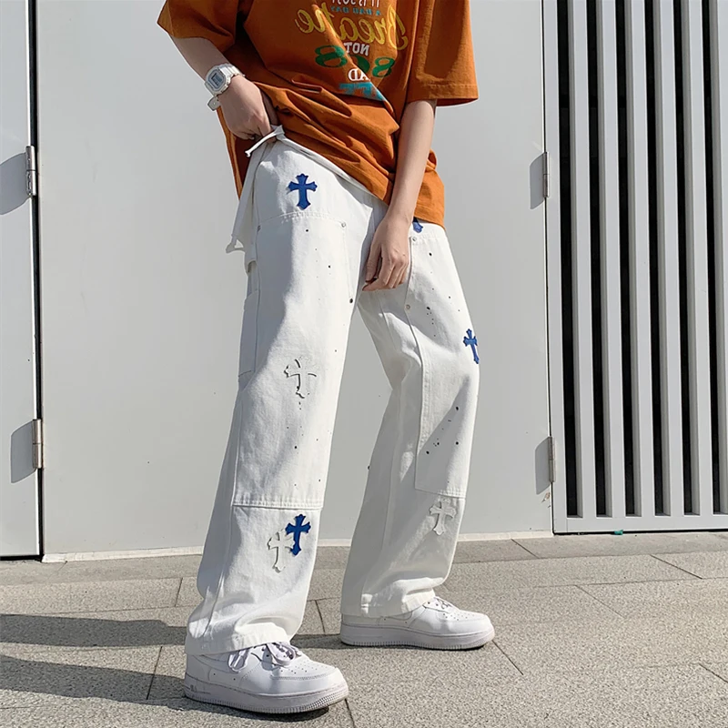 European and American Hip-hop Neutral Wide-leg Denim Trousers Loose Straight Crossover Overalls Men's Jeans Pants Casual Loose