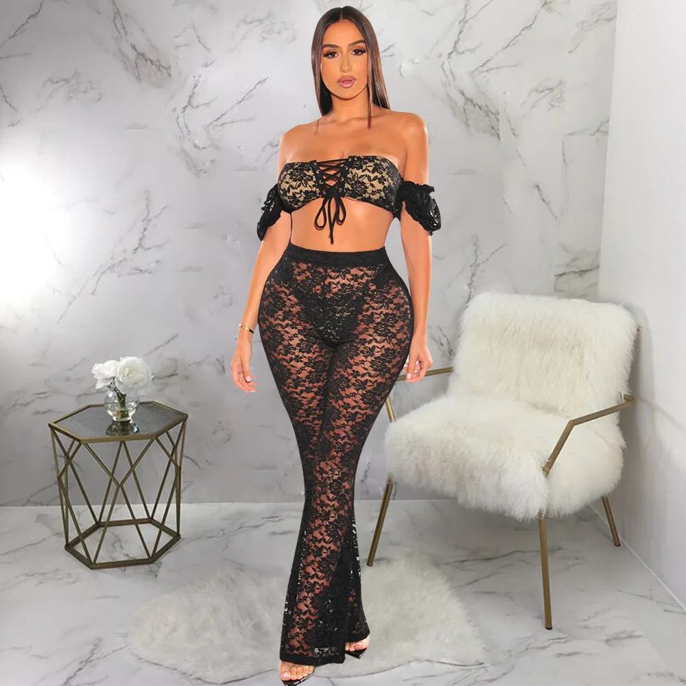 

Women Set Solid Lace Off Shoulder Sleeve Tops Skinny Pencil Pants Two Piece Sets Sexy Fashion Outfit Summer