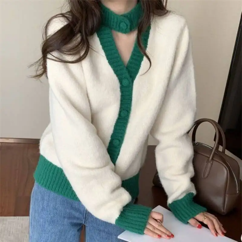 

Sweater woman autumn winter 2022 new Korean gentle wind bump color Mosaic design loose knit cardigan