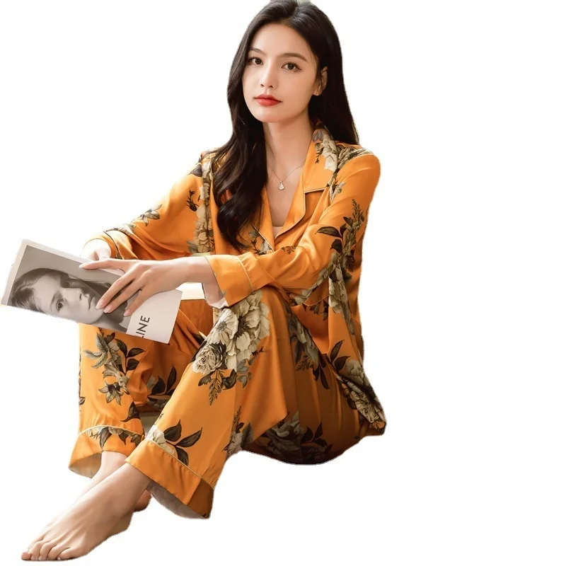 Lisacmvpnel Women's Spring New Pajama Set Ice Silk Loose Home Suit Print Fashiong Sleepwear