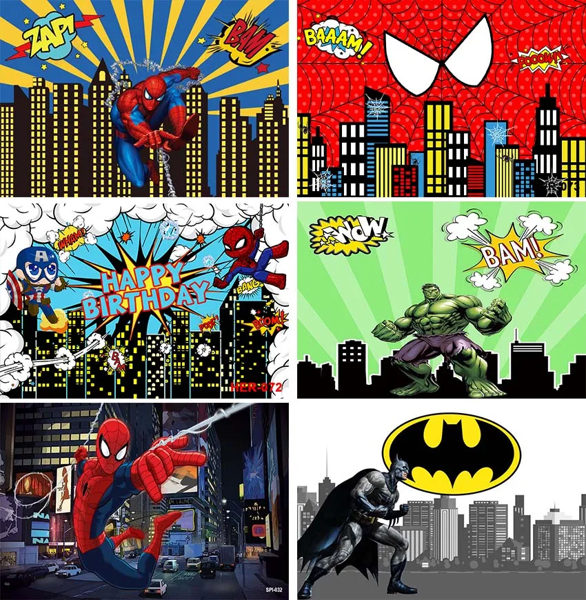 

Superhero City Building Theme Backdrops Happy Birthday Photography Boy Party Night Sence Cartoon Poster Hulk Ironman Spiderman