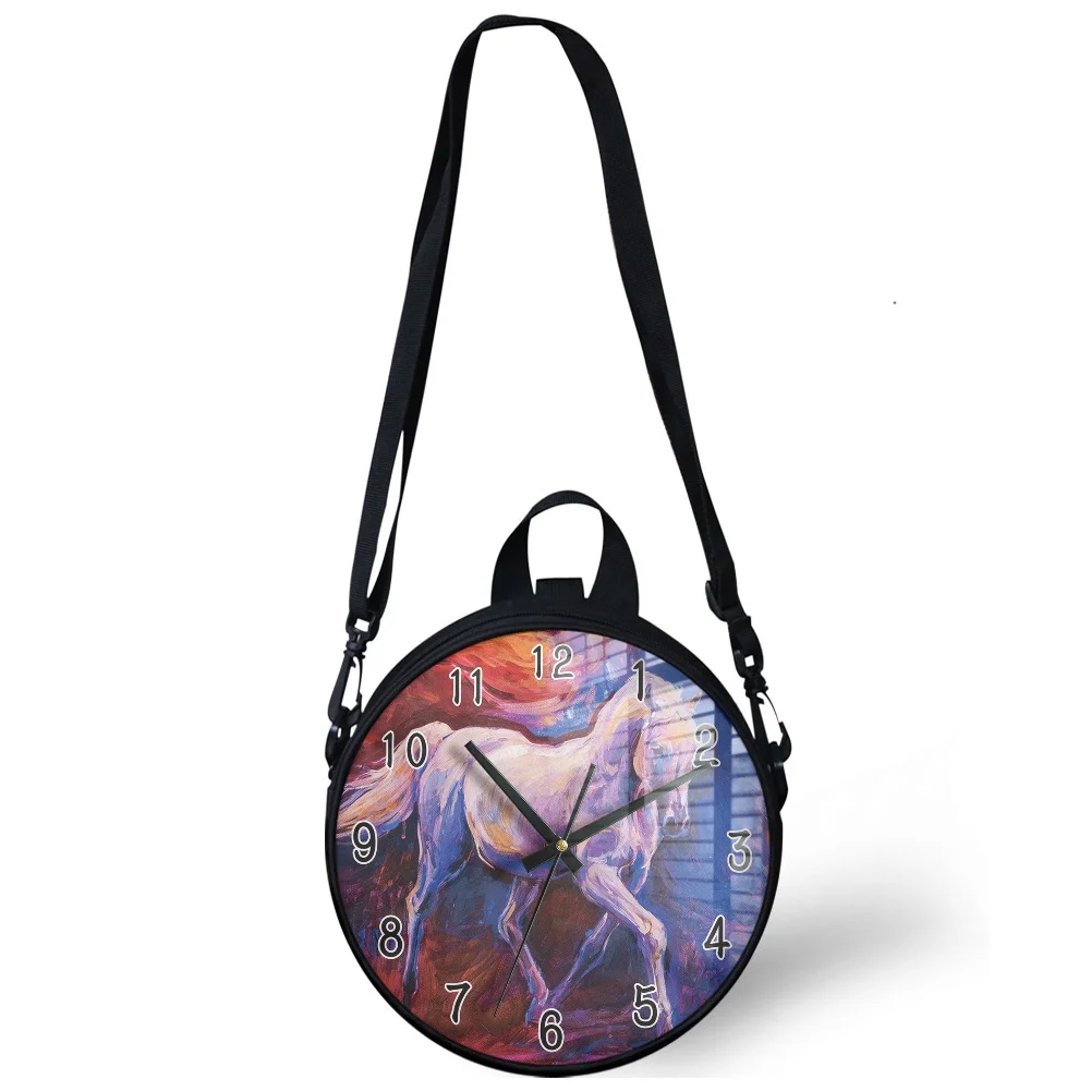 

Clock Printed Circular Handbags For Women Boys Girls Shoulder Bags Horse Pattern Round Backapck Circle Crossbody Bag Bolso Mujer