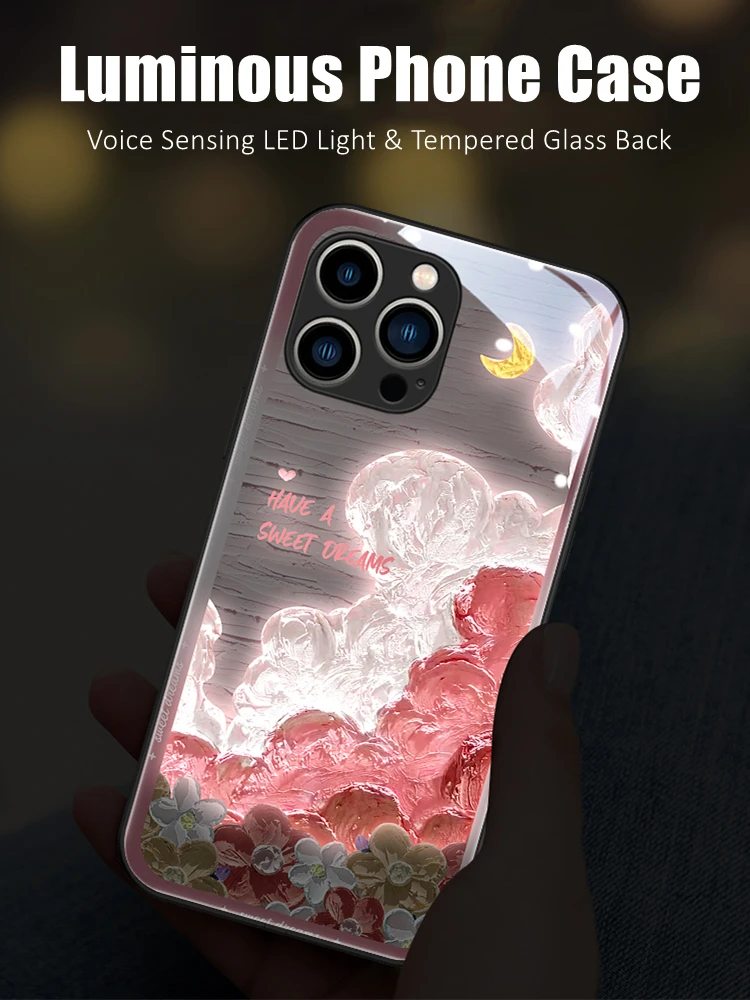 

Cloud Colorful LED Light Glowing Luminous Tempered Glass Phone Case for OnePlus 6 6T 7 7T 8 8T 9 9R 10 Ace Nord 2 N10 N20 Pro