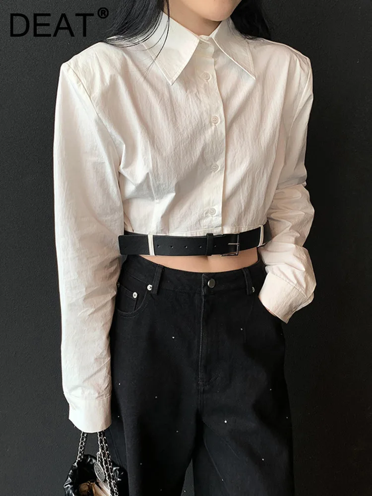 

Женская однобортная блузка DEAT, Однотонная рубашка с поясом, отложным воротником и длинными рукавами, осень 2023