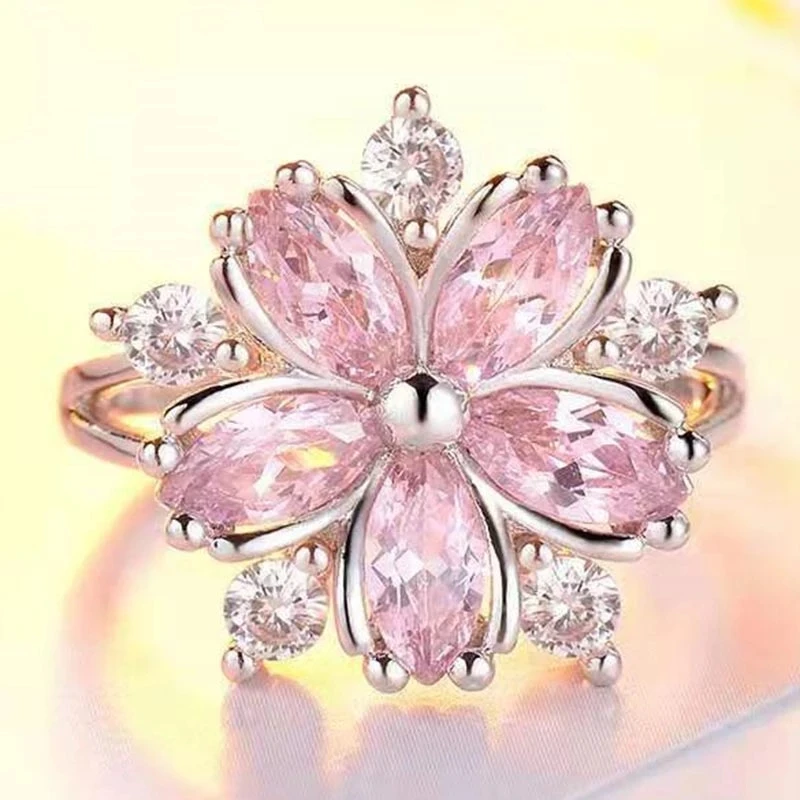 

Женское кольцо с розовым цветком вишни, обручальное кольцо с кристаллами
