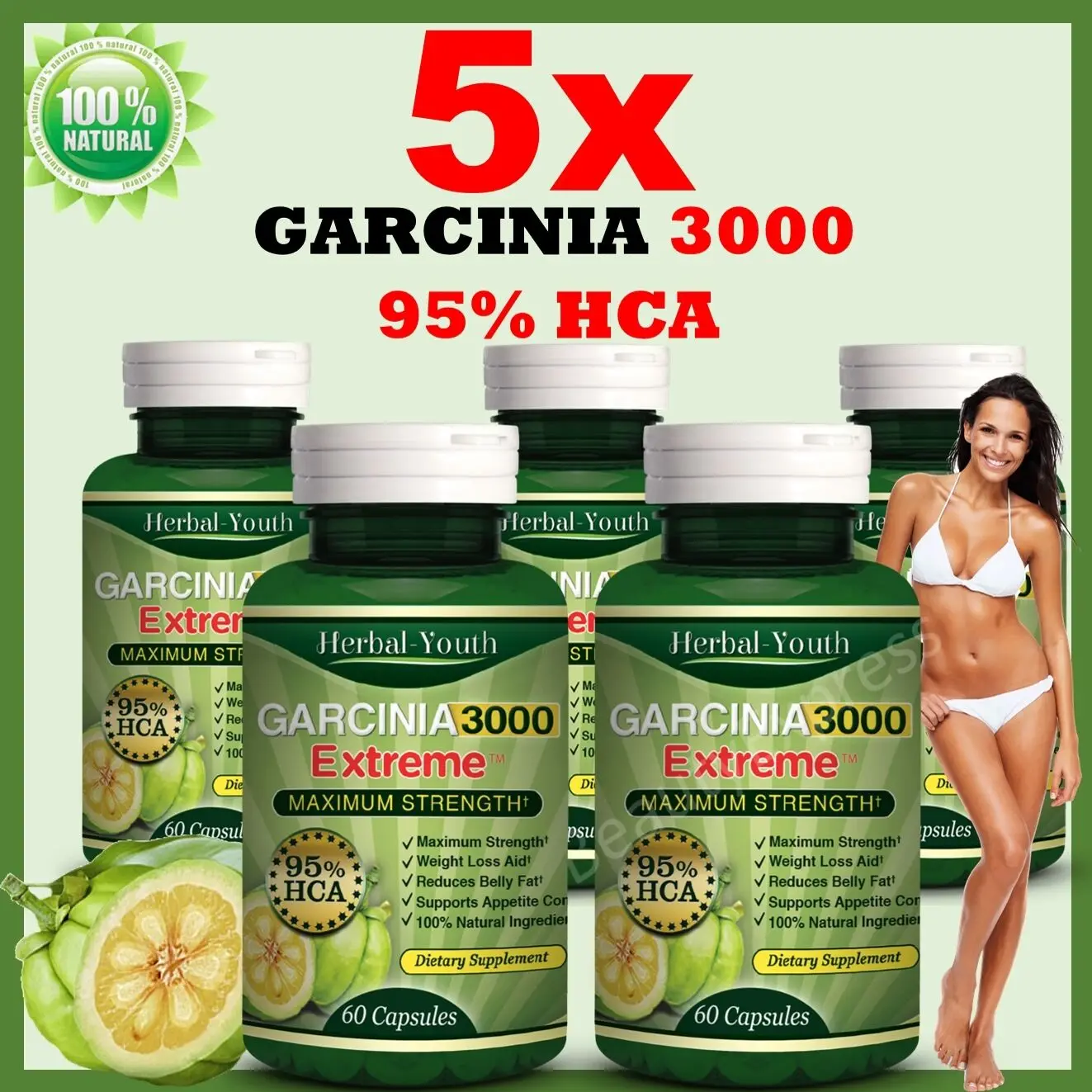 

5 bottles GARCINIA CAMBOGIA 95% HCA 3000mg Weight Los fast Fat Burner reduce diet for nature slim 60caps/bottle