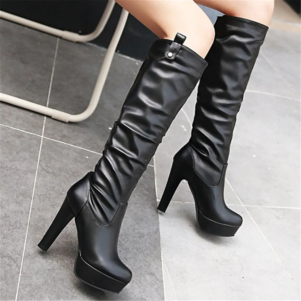 Женские сапоги с круглым носком до колена на платформе В рыцарском стиле размеры