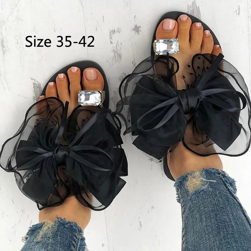 

Hot sale Summer Cute Bowtie Decorate Non-Slip Sandals Slipper Casual Fashion crystal Female Flip Flops Mesh Beach Flats Slides42