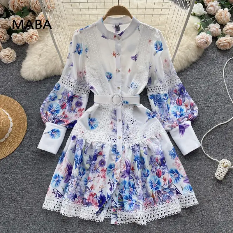 

Runway Women Single Breasted Mini Dress Lantern Long Sleeves Sashes Boho Vintage Dress Fashion Lady Ol Floral Print Lace Robe