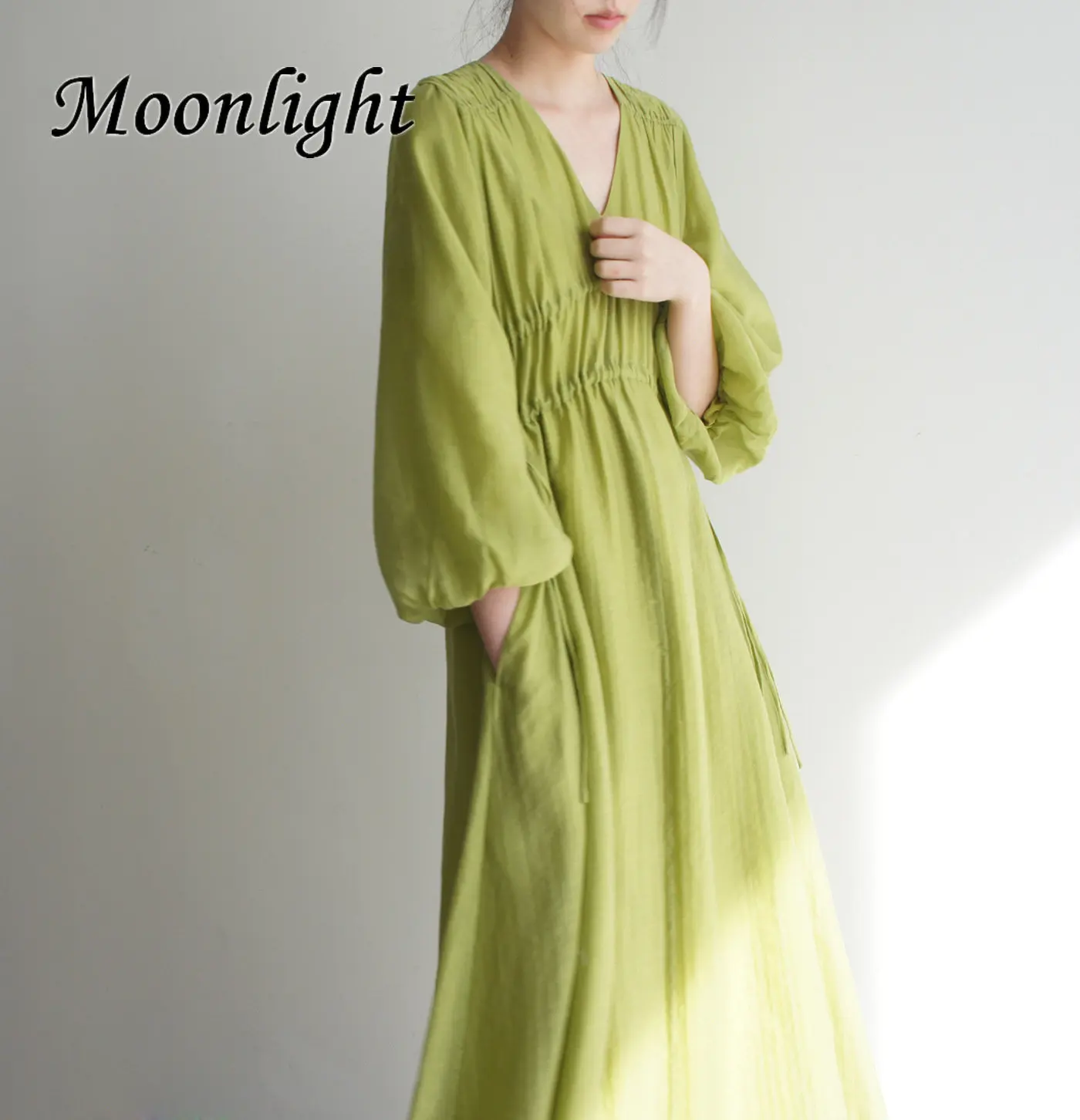 

New In Cotton Long Vintage Dress Women Summer V-Neck Puff Sleeve Bandage Elegant Dresses Casual Loose Female Vestidos Femme Robe