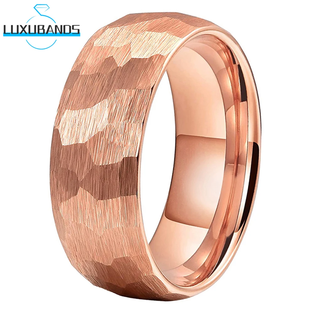 

Rose Gold 8mm 6mm Tungsten Wedding Ring Multifaced Hammered For Men Wemen Engagement Domed Band Brushed Finish Stock Comfort Fit