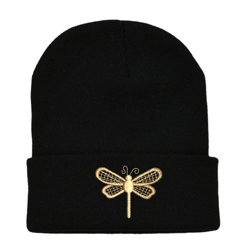 

Beanie Cap for Women Colorful Mom Lady Girl Embroidery Dragonfly Acrylic Personality Winter Beanies Soft Hat Knitted Warm Thick