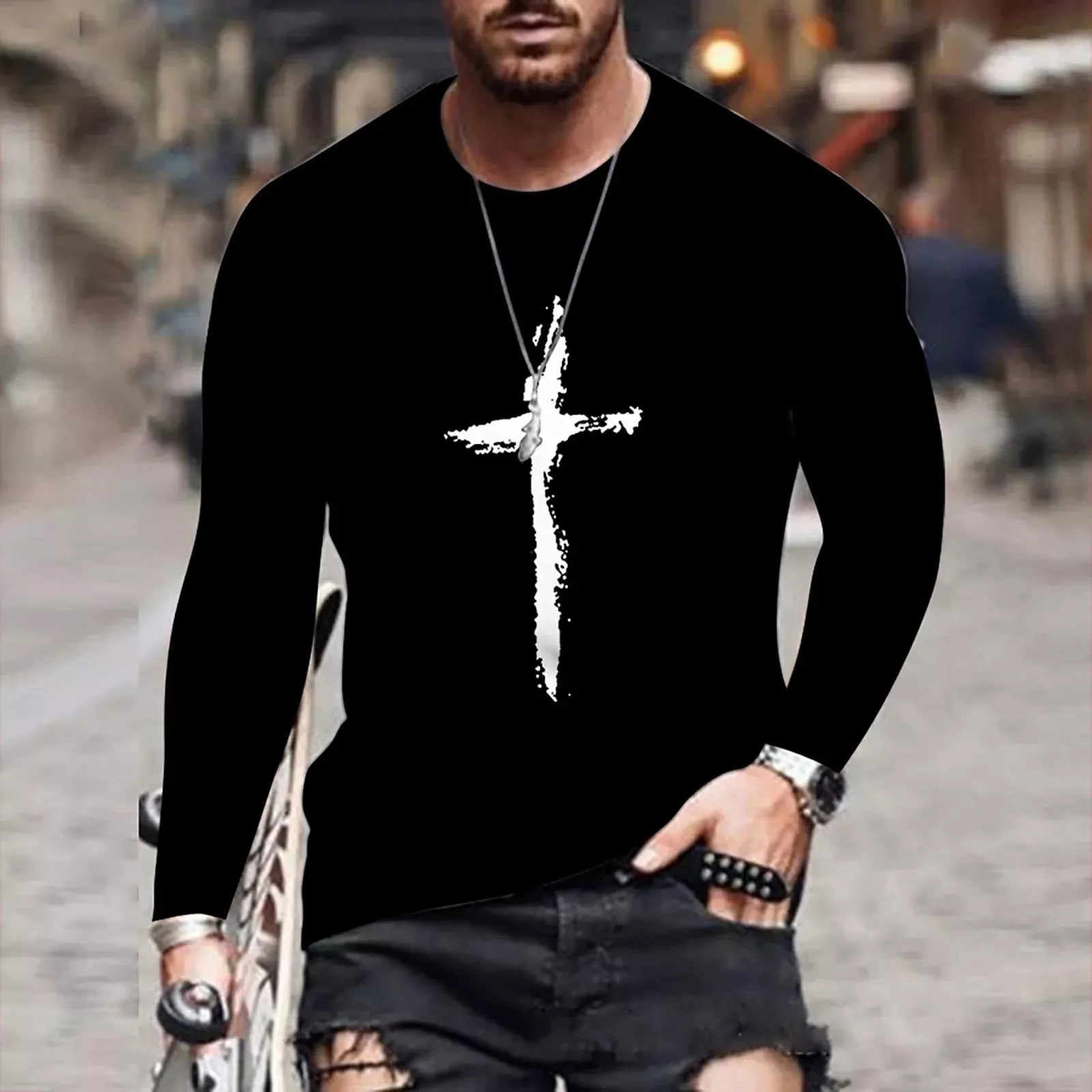 

2023New T-shirt Casual Fashion Fall Winter 3D Printing Fashion Cross Print Round Neck Long Sleeve Men's 2021