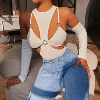 the new spring and summer long sleeved vest two piece hollow out breasts sexy sleeve blouse tops for women hollow out camis