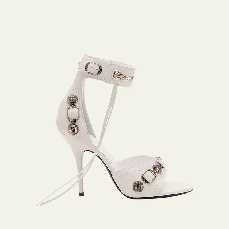 New Women's Fashionable Small Round Toe Open Toe Shallow Rivet Decorative Hollow Trip Strap Super High Thin Heel Tassel Sandals