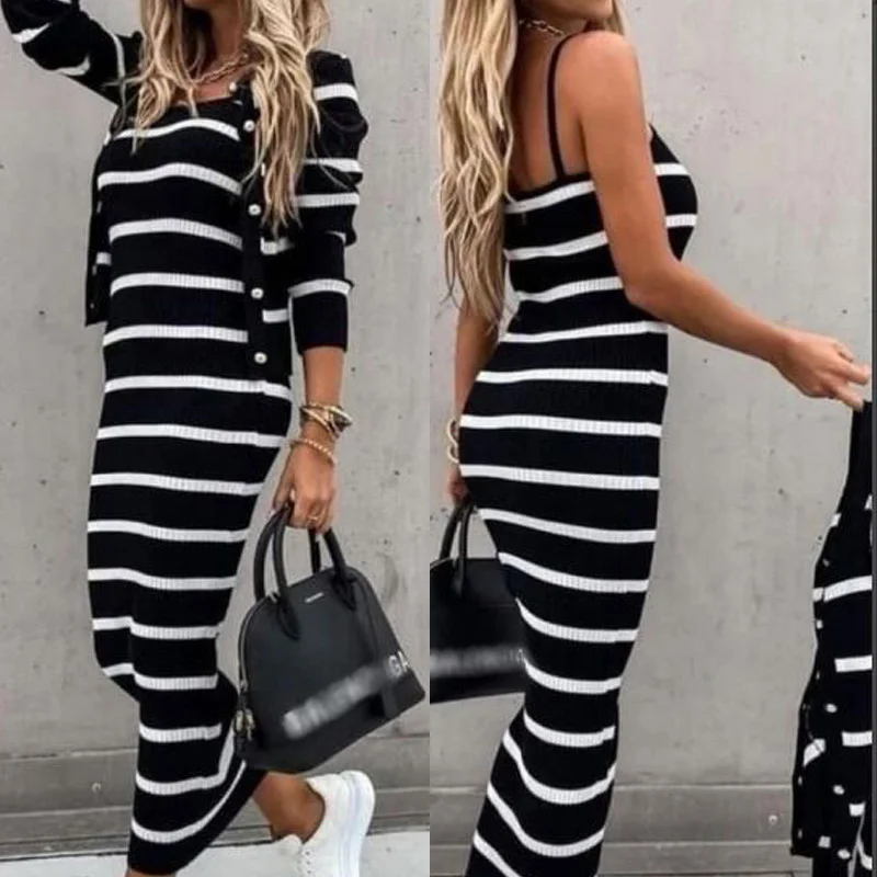 

Женский трикотажный офисный костюм, Повседневный Кардиган с длинным рукавом и облегающее платье на бретельках, комплект из двух предметов ...