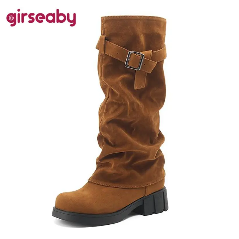 Женские замшевые ботинки с круглым носком на толстом каблуке 4 5 см