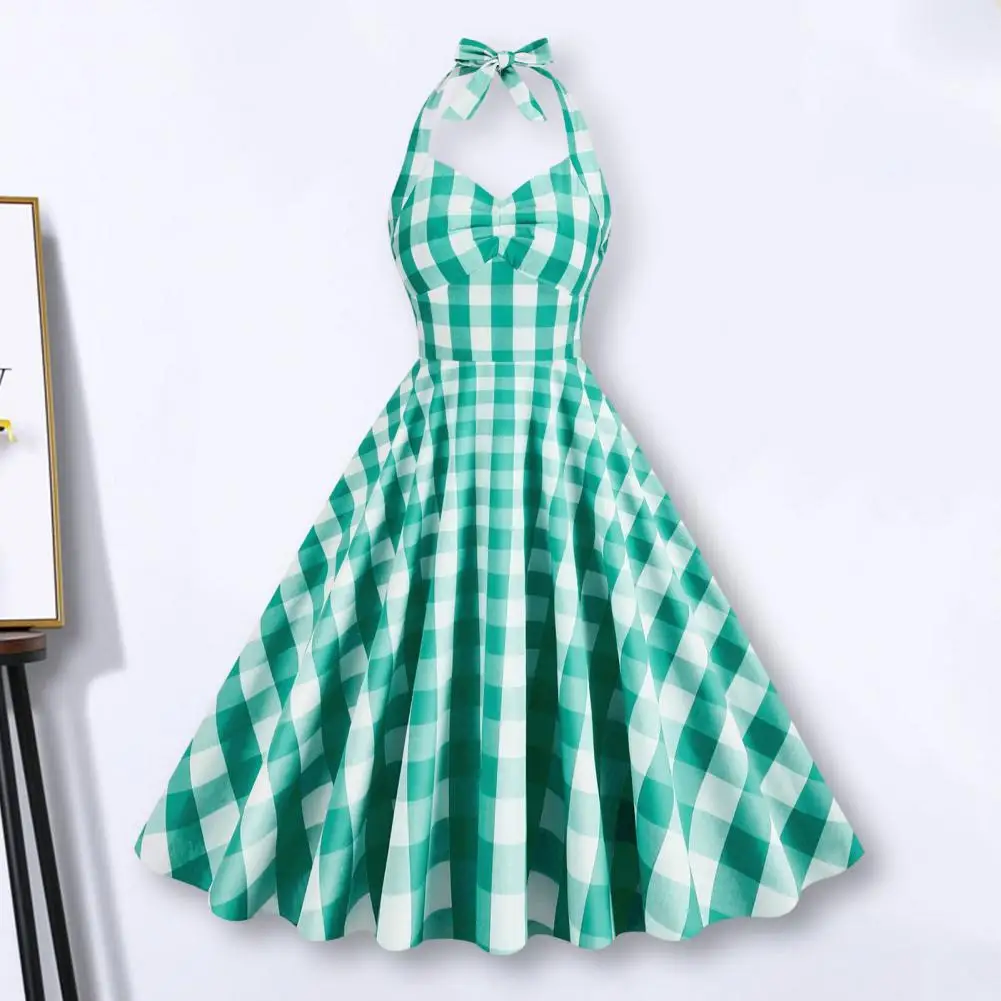 

1950S Women Pink Plaid Sleeveless Dress Lace-up Bowknot Halter Swing Dress Hidden Zipper Skater Hem Cocktail Party Dress